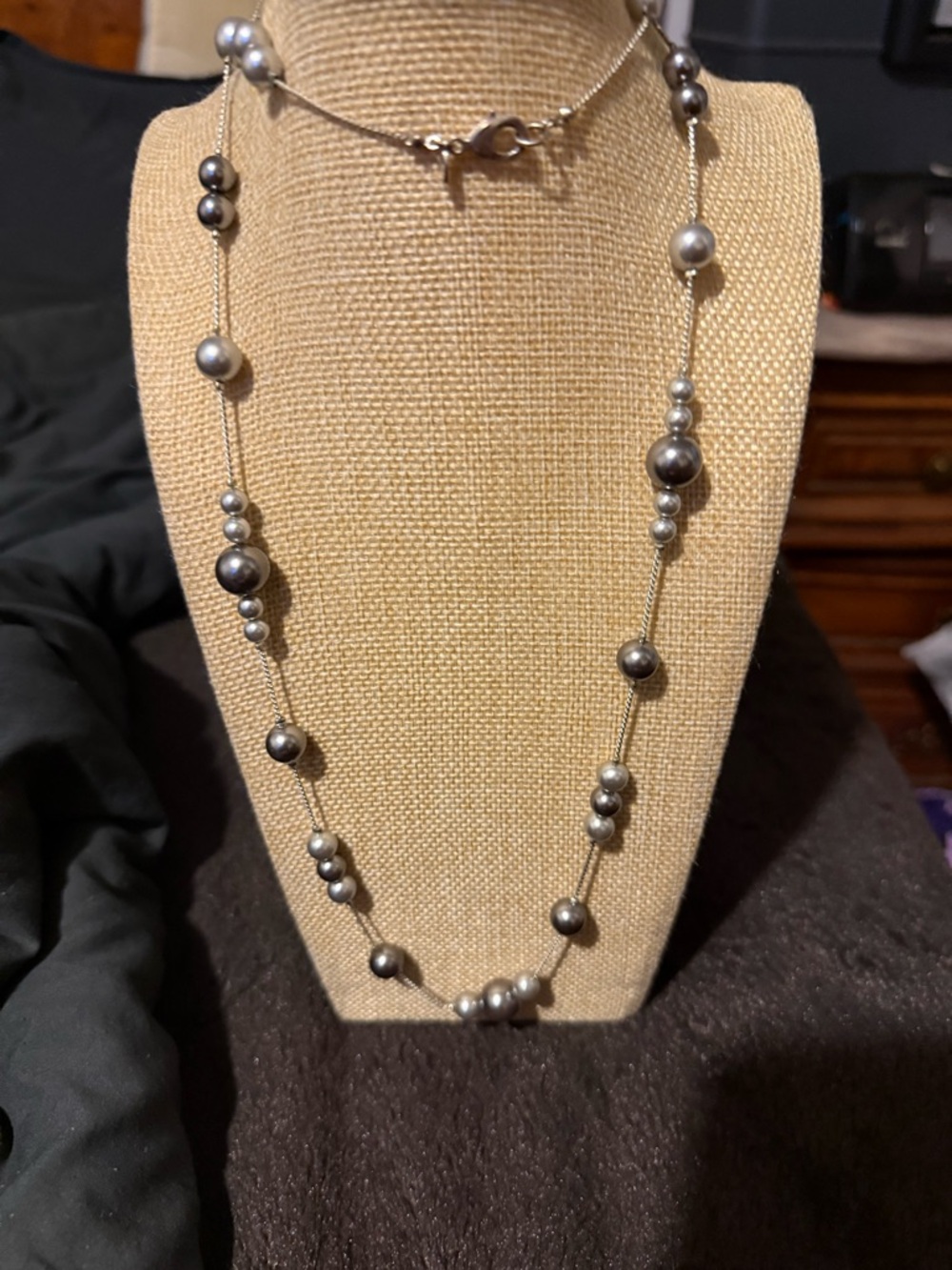 Pearl Station Necklace in Gray with Silver-Tone Chain